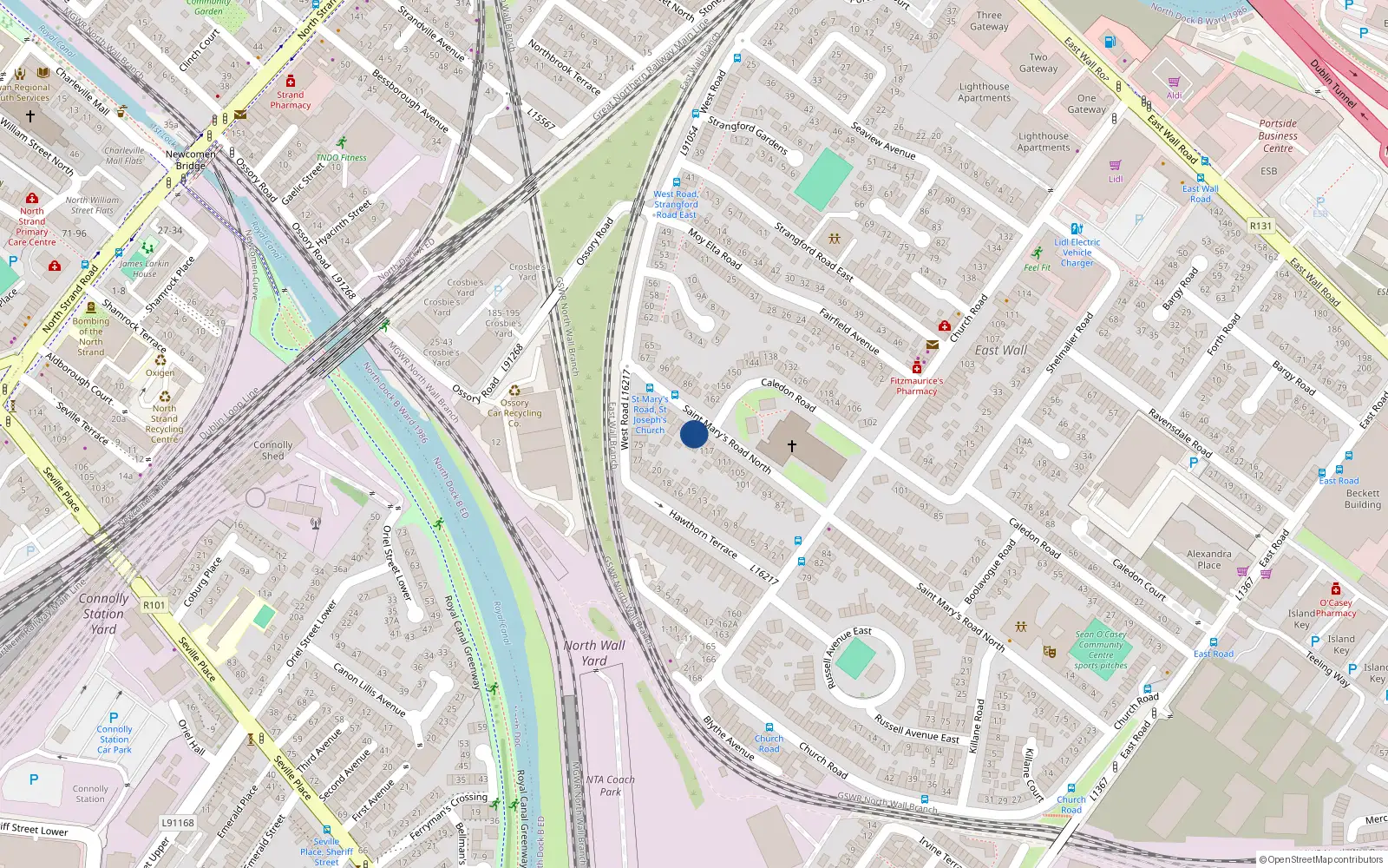 Overhead map showing the location of 125 St Marys Road, East Wall, Dublin 3