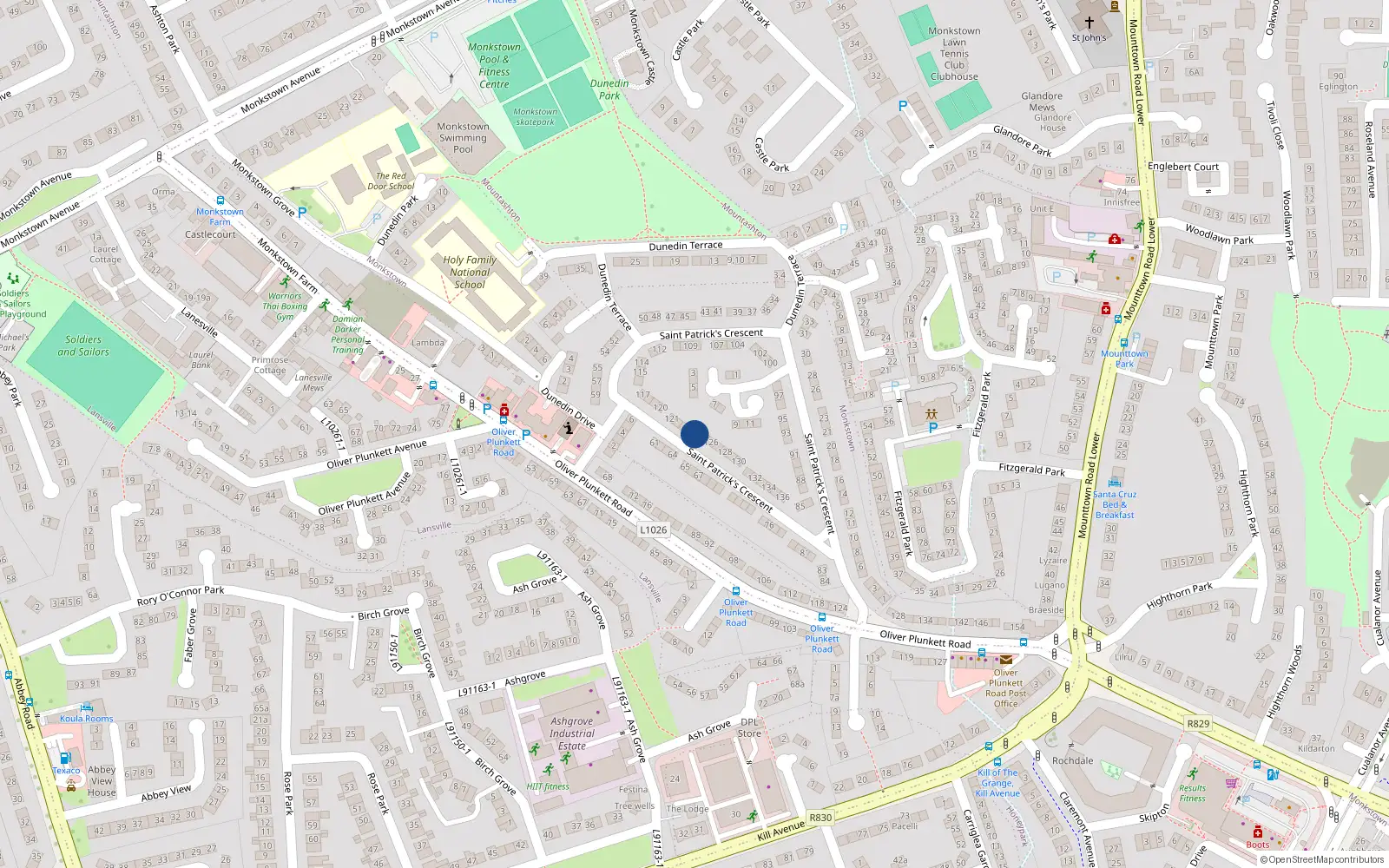 Overhead map showing the location of 125 St Patricks Crescent, Monkstown Farm, Dun Laoghaire