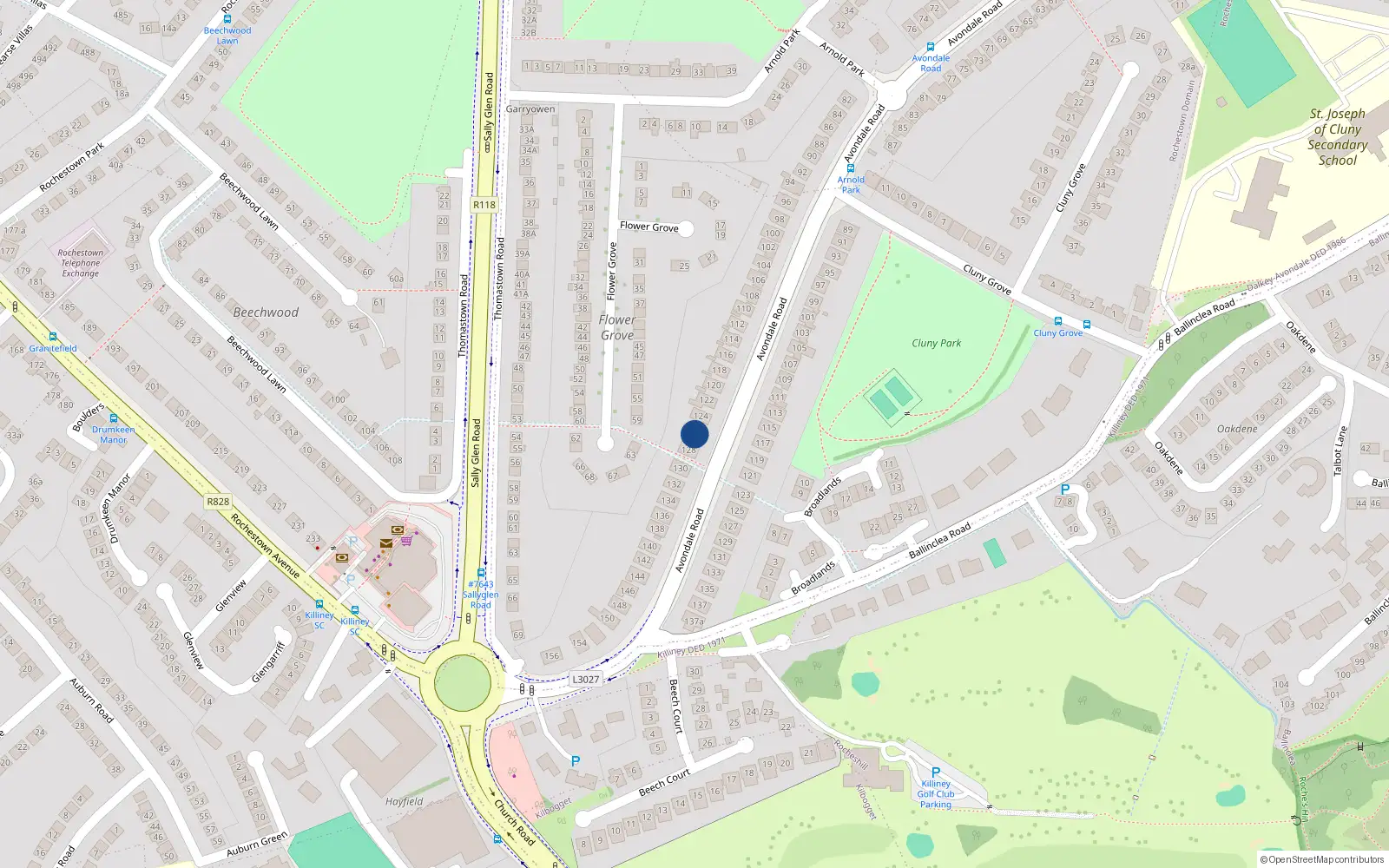 Overhead map showing the location of 126 Avondale Road, Killiney