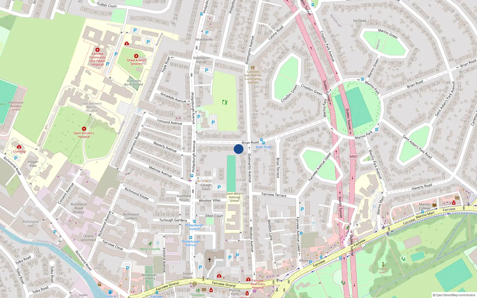 Overhead map showing the location of 126 Brian Road, Fairview, Dublin 3