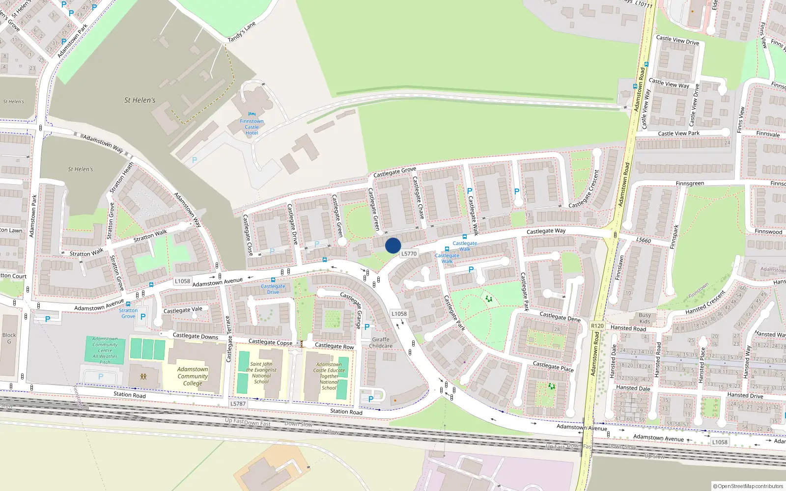 Overhead map showing the location of 126 Castlegate Way, Adamstown, Lucan