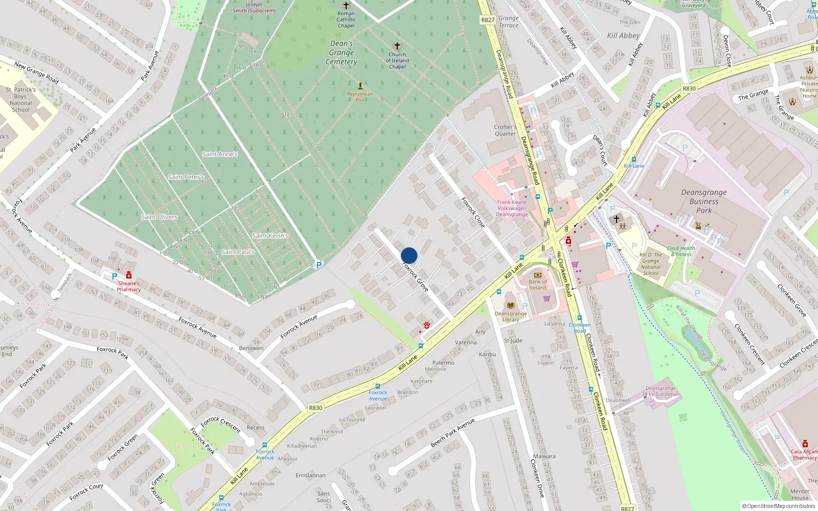 Overhead map showing the location of 126 Foxrock Grove, Dublin 18