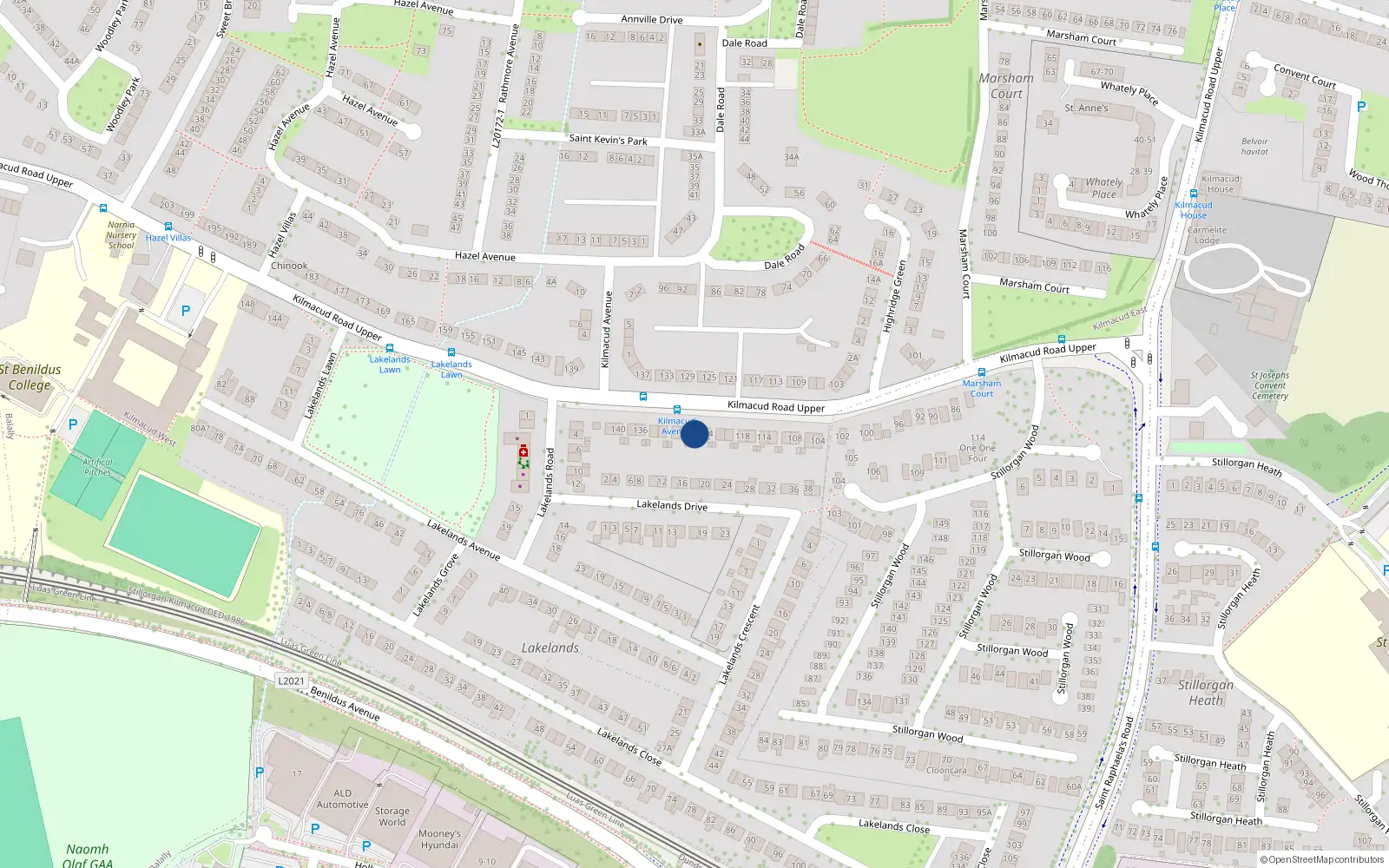 Overhead map showing the location of 126 Kilmacud Road Upper, Blackrock, Dublin