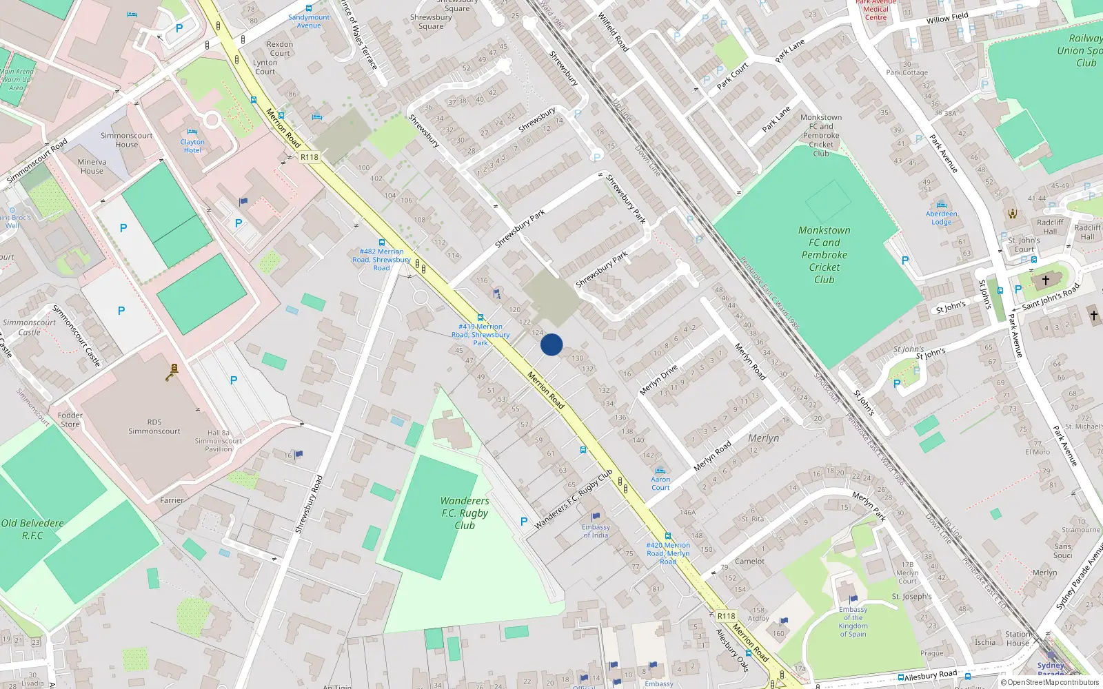 Overhead map showing the location of 126 Merrion Road, Ballsbridge