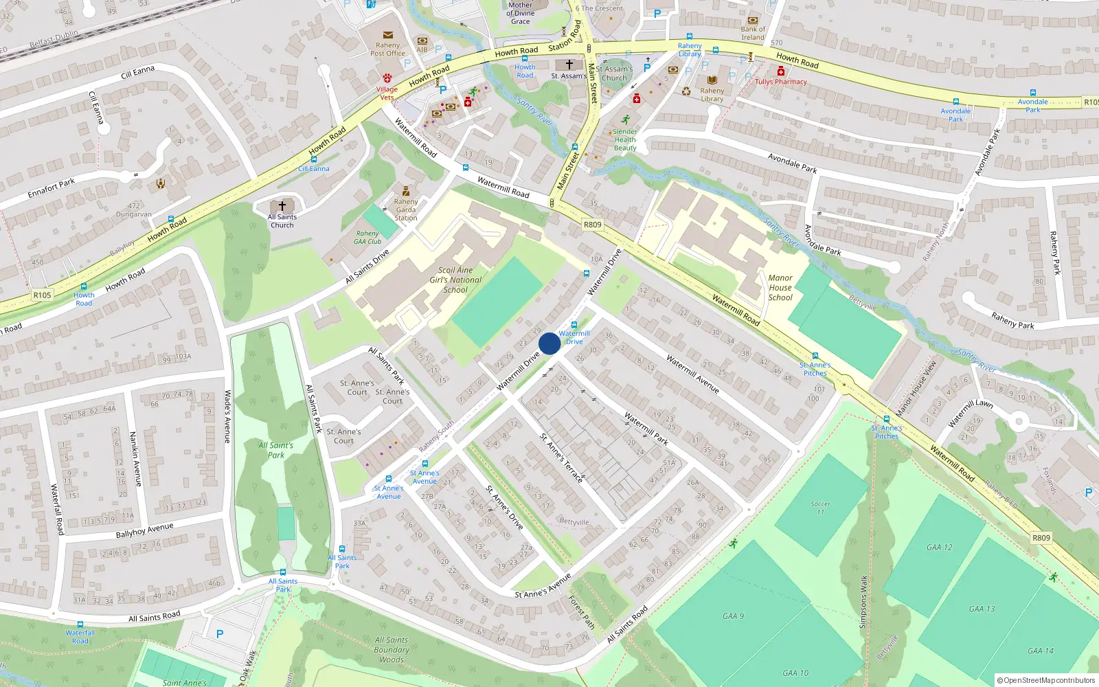 Overhead map showing the location of 126 Watermill Drive, Dublin 5
