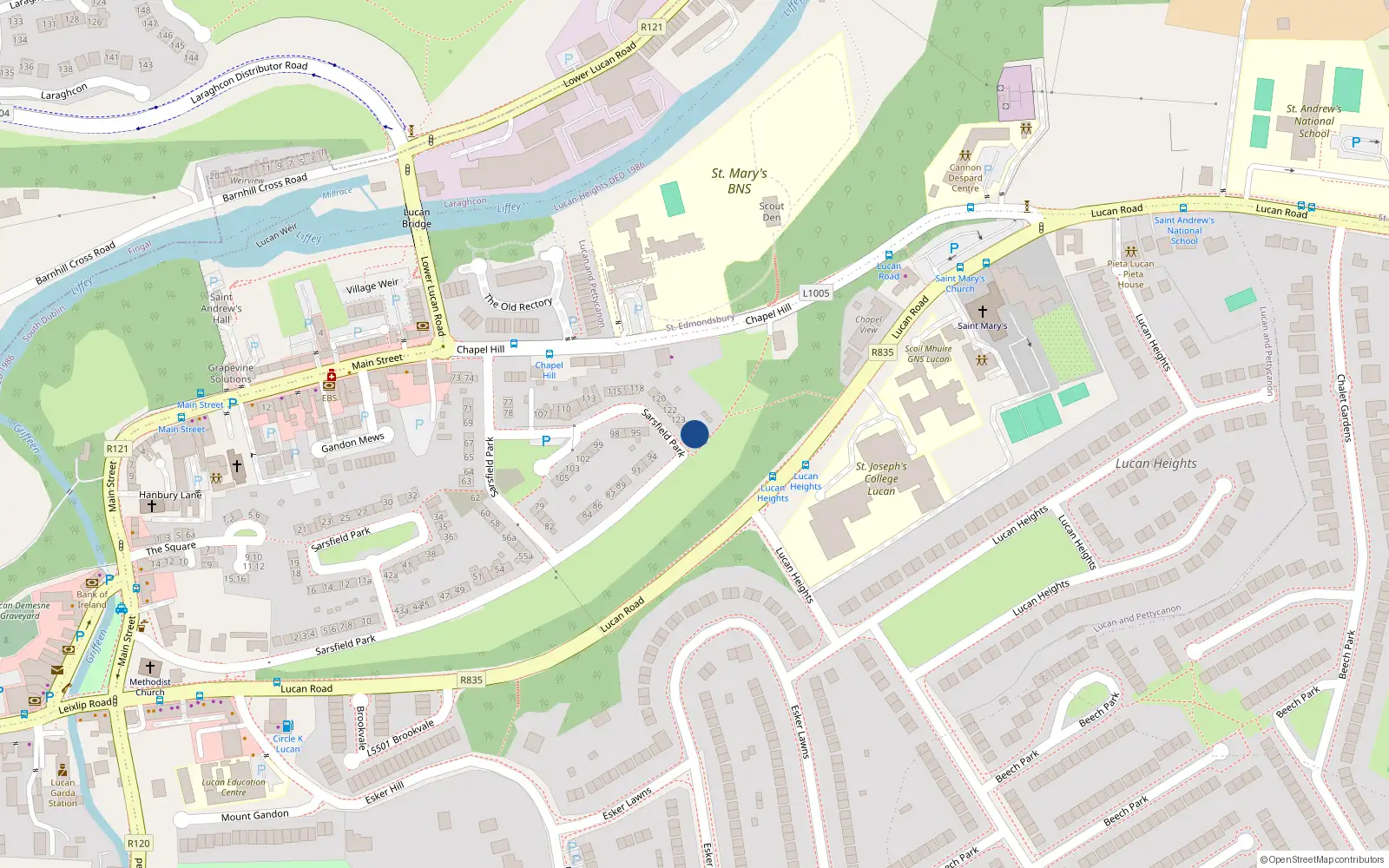 Overhead map showing the location of 126 Sarsfield Park, Lucan