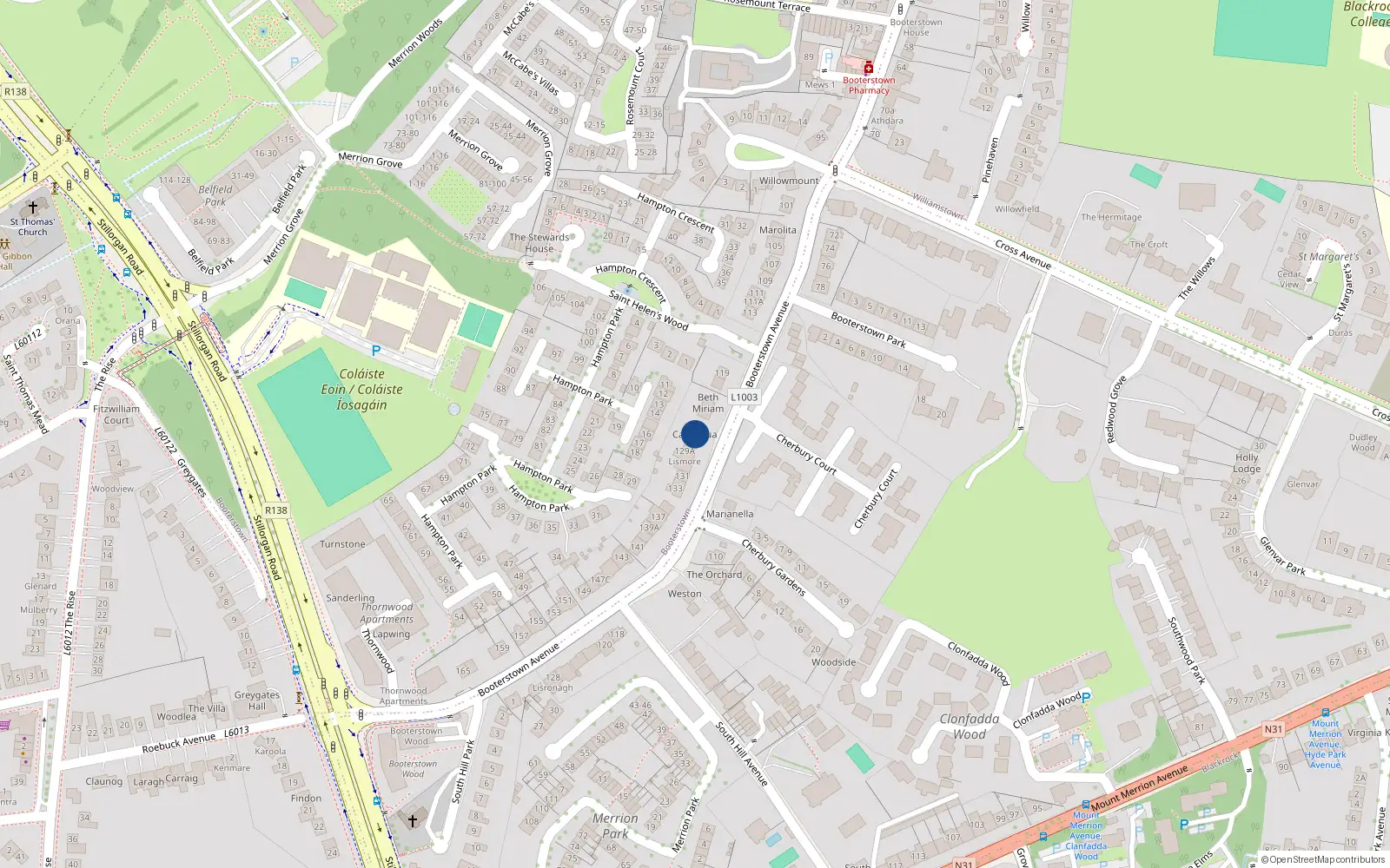 Overhead map showing the location of 127 Booterstown Avenue, Booterstown