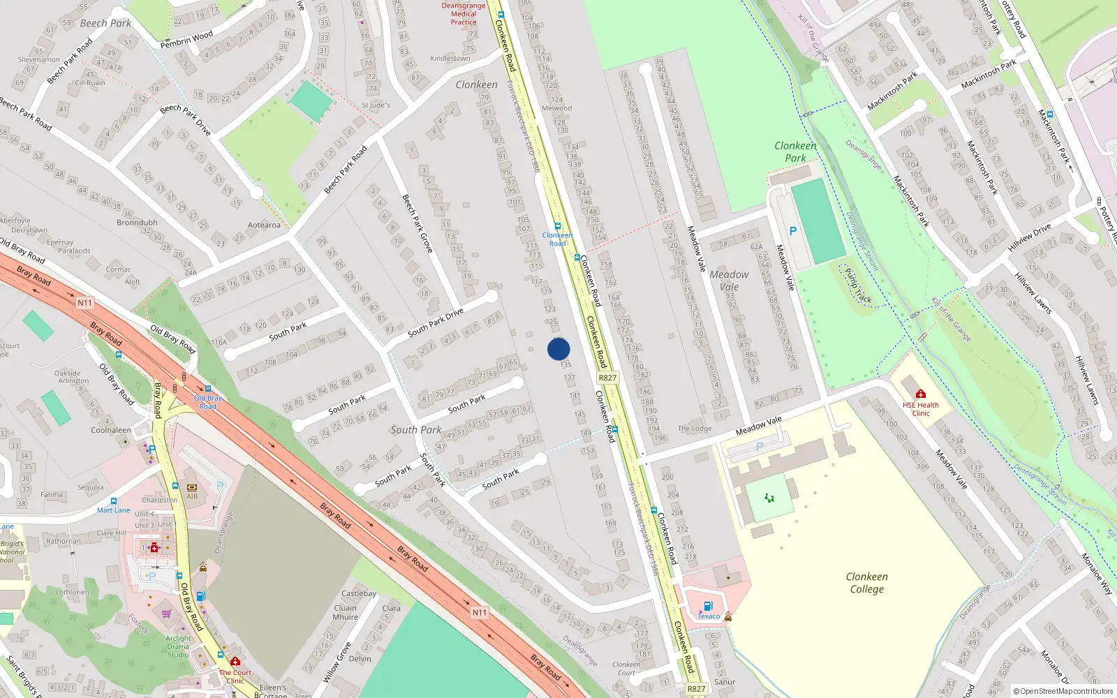 Overhead map showing the location of 127 Clonkeen Road, Blackrock