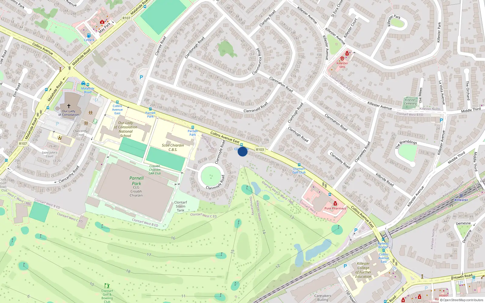 Overhead map showing the location of 127 Collins Avenue East, Dublin 5
