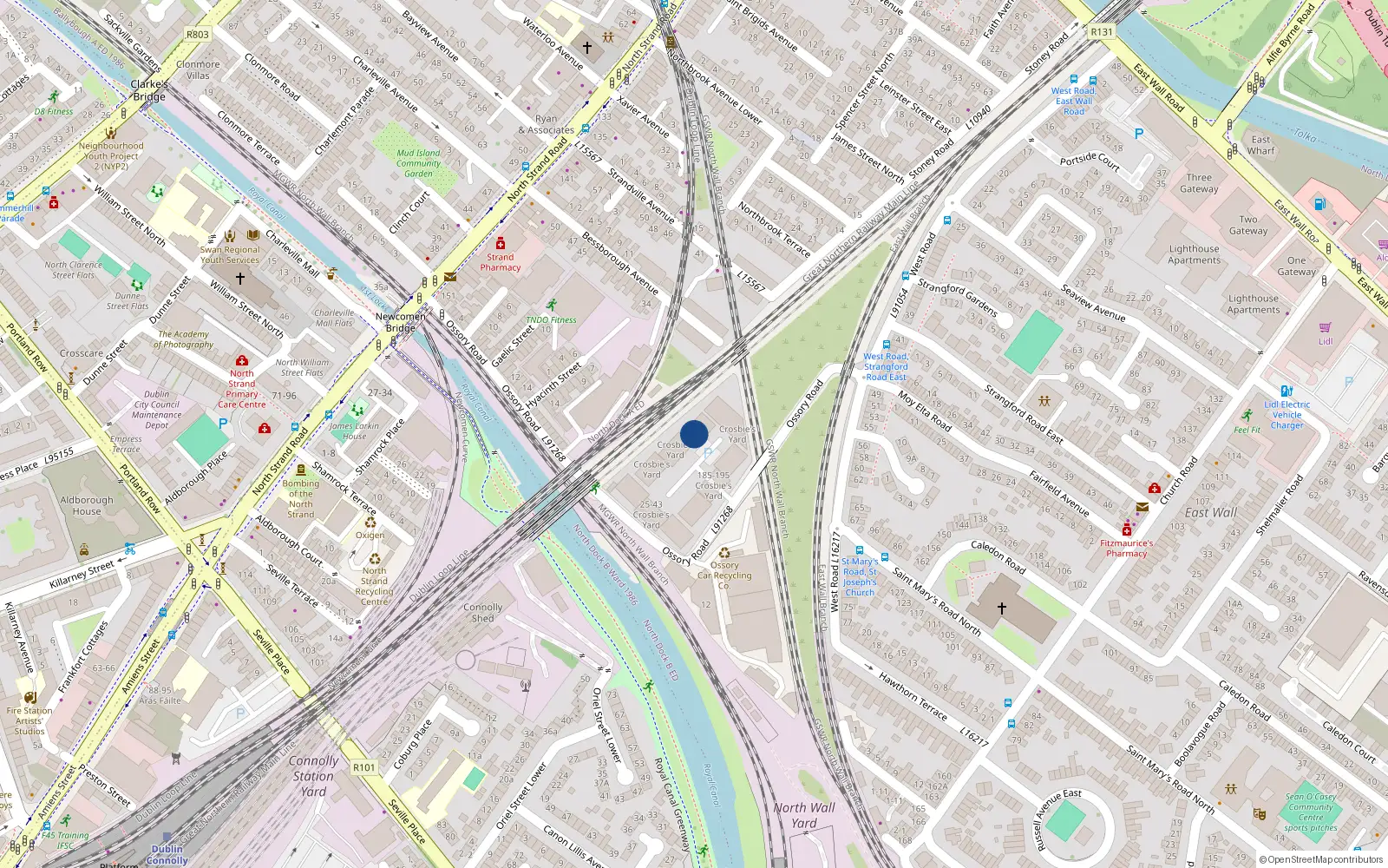 Overhead map showing the location of 127 Crosbies Yard, Ossory Road, Dublin