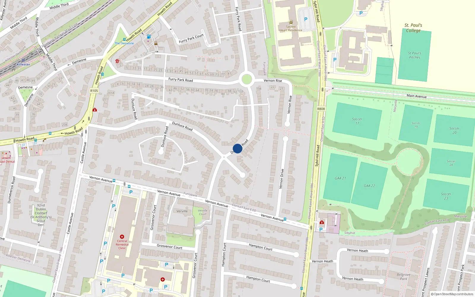 Overhead map showing the location of 127 Dunluce Road, Clontarf
