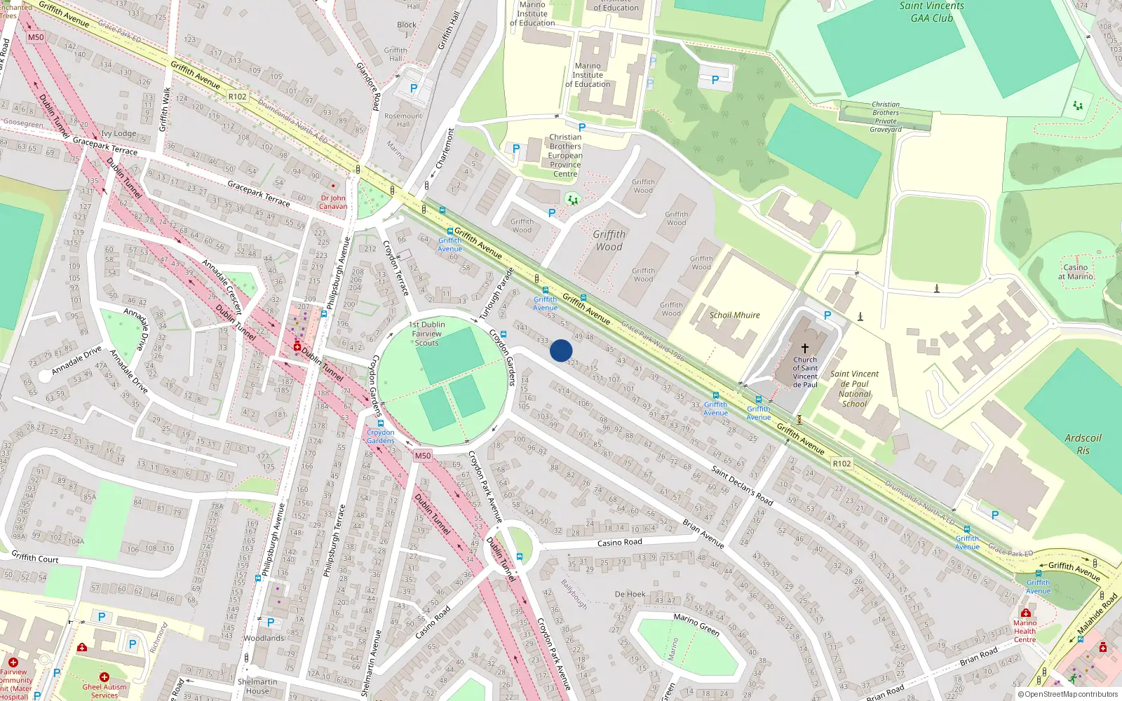 Overhead map showing the location of 127 Saint Declan's Road, Dublin 3