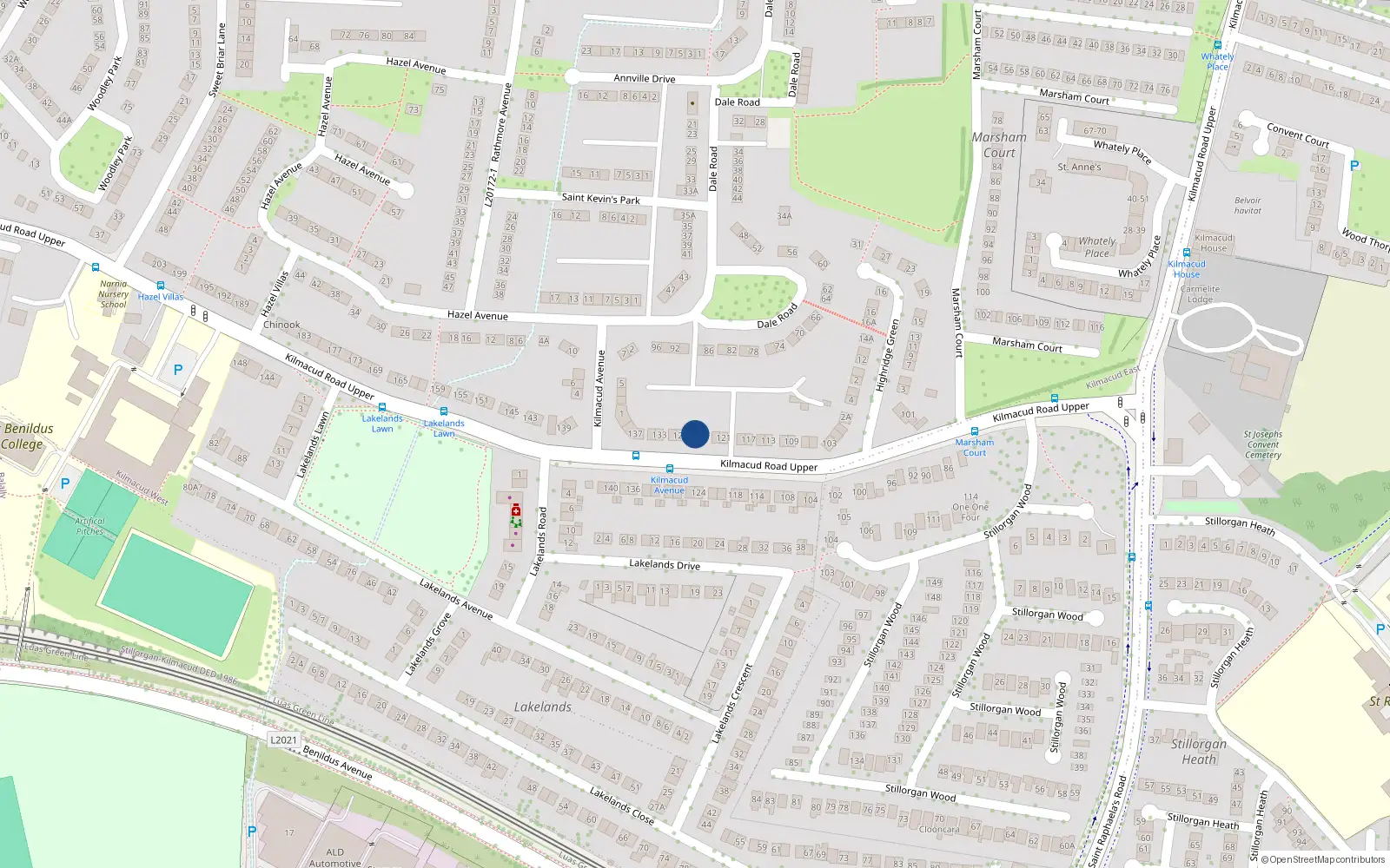 Overhead map showing the location of 127 Kilmacud Road Upper, Blackrock