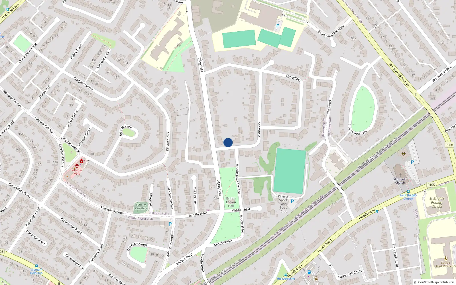 Overhead map showing the location of 128 Abbeyfield, Dublin 5
