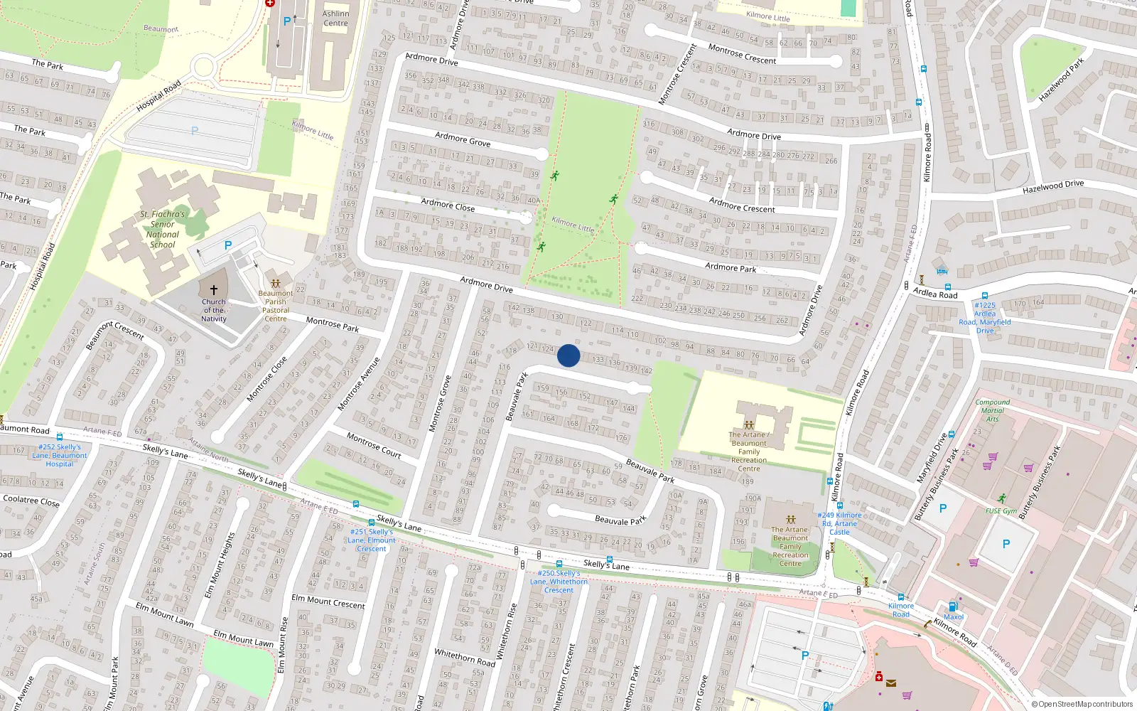 Overhead map showing the location of 128 Beauvale Park, Artane, Dublin 5