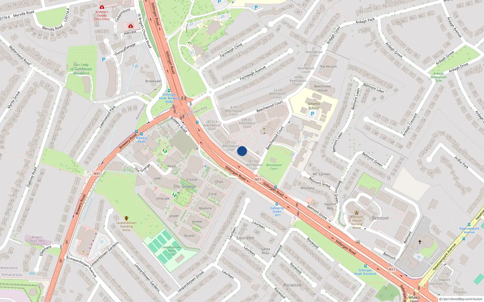 Overhead map showing the location of 128 Beechwood Court, Dublin