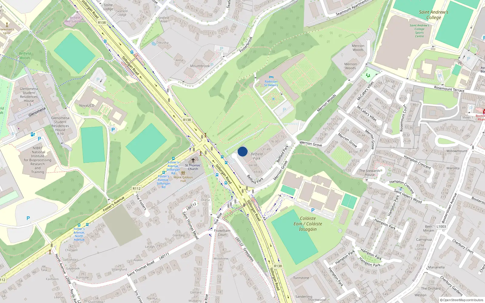 Overhead map showing the location of 128 Belfield Park, Stillorgan, Dublin