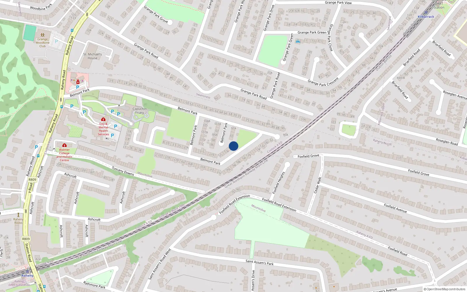 Overhead map showing the location of 128 Belmont Park, Raheny, Dublin 5
