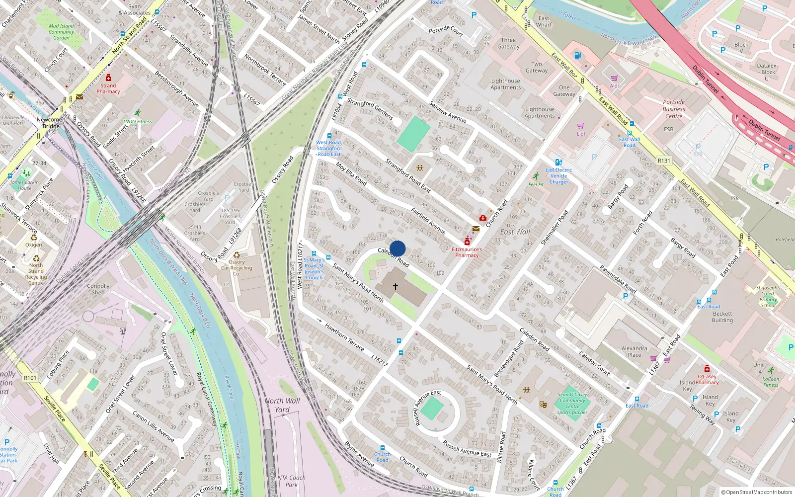 Overhead map showing the location of 128 Caledon Road, East Wall, Dublin 3