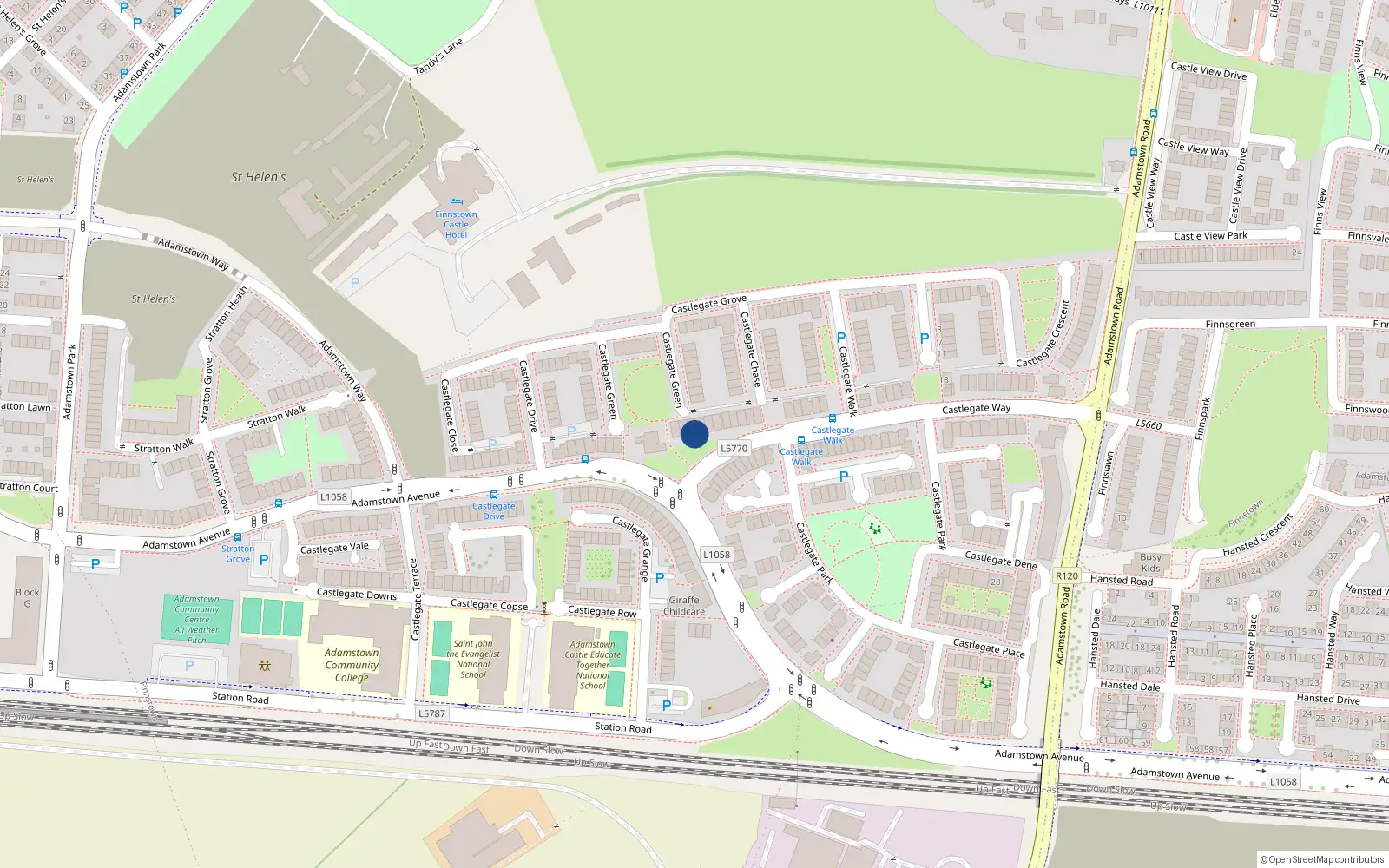 Overhead map showing the location of 128 Castlegate Way, Adamstown, Lucan