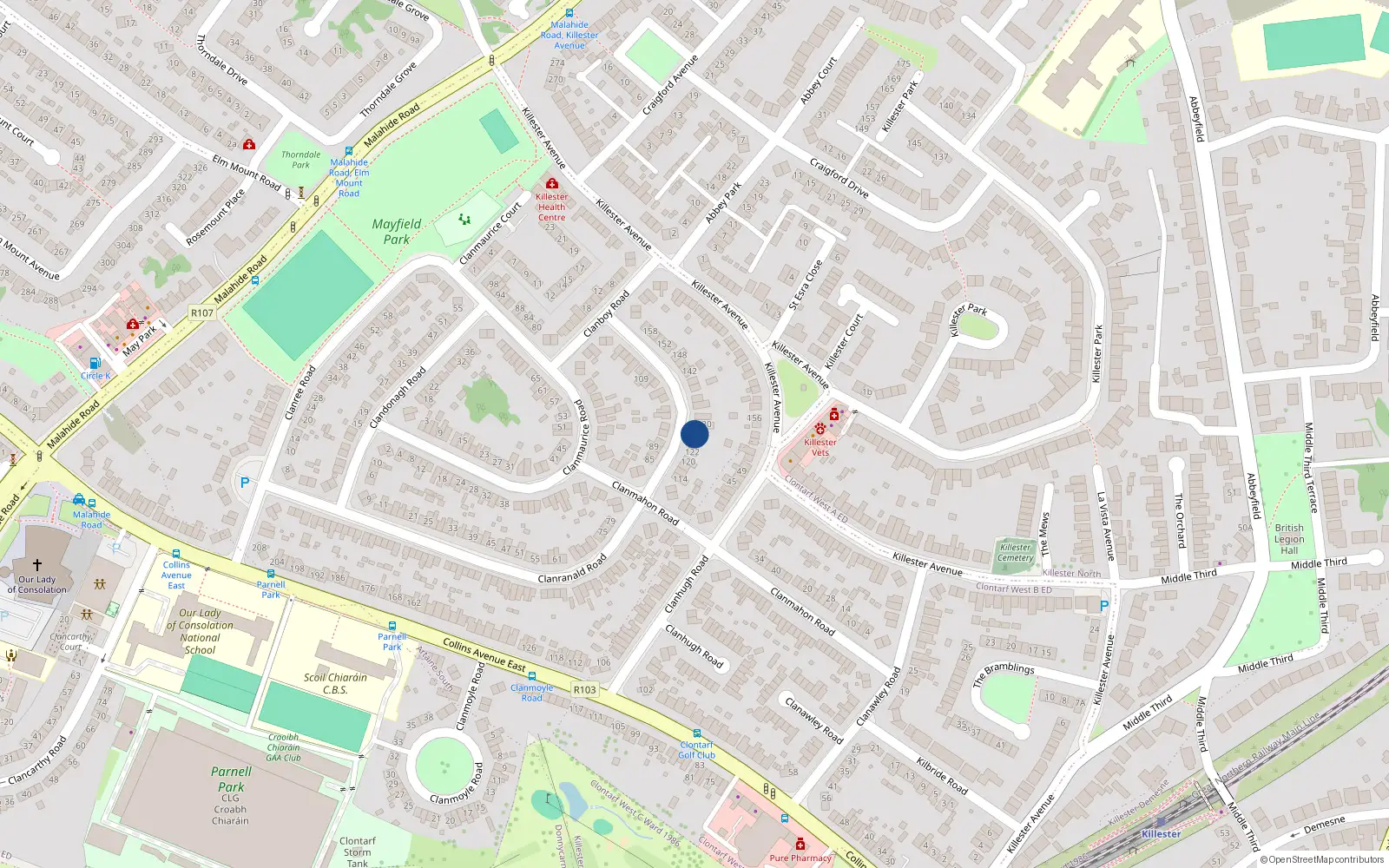 Overhead map showing the location of 128 Clanranald Road, Donnycarney, Dublin 5