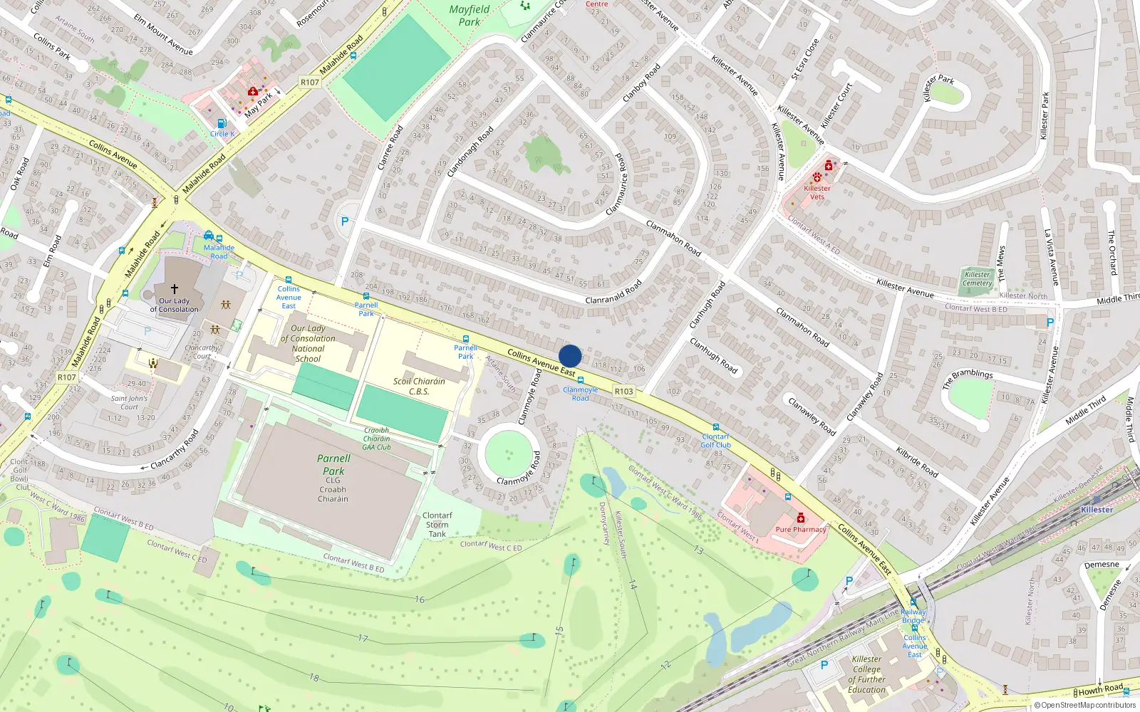 Overhead map showing the location of 128 Collins Avenue East, Killester, Dublin 5