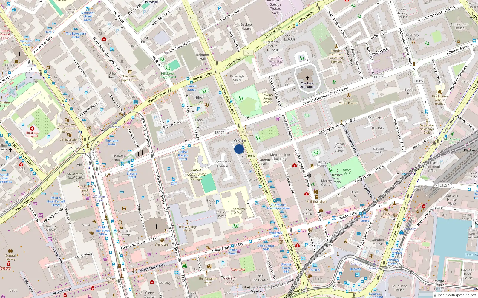 Overhead map showing the location of 128 Custom Hall, Lower Gardiner St, Dublin 1