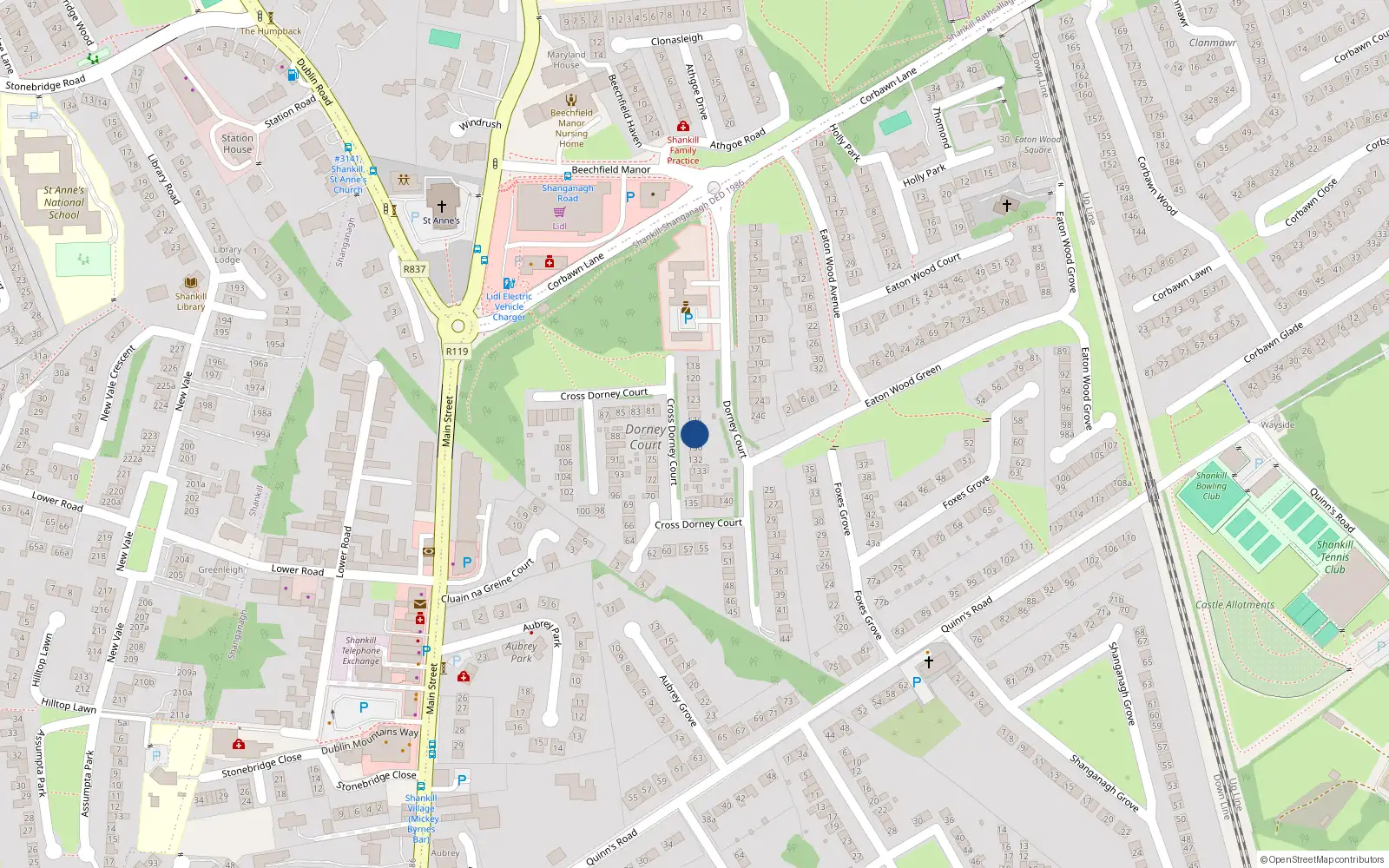 Overhead map showing the location of 128 Dorney Court, Shankill