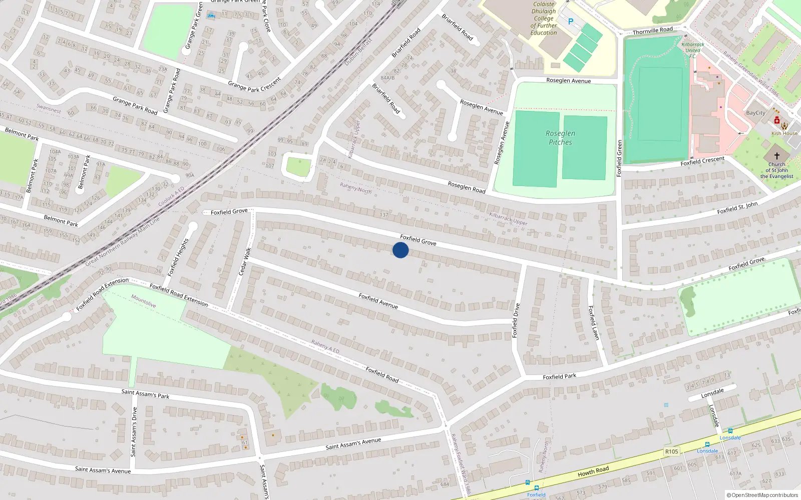 Overhead map showing the location of 128 Foxfield Grove, Raheny, Dublin 5