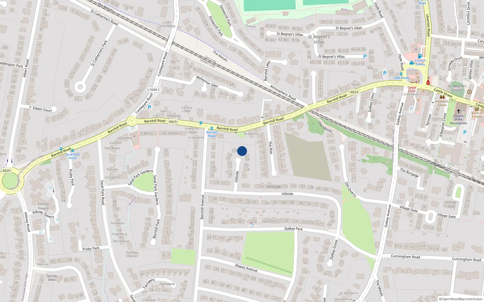 Overhead map showing the location of 128 Hillside, Dalkey, Dublin