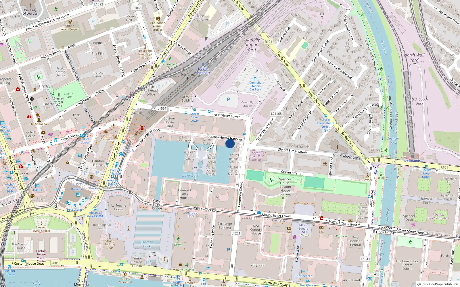 Overhead map showing the location of 128 Inish Trahull, Custom House Harbour, I F S C Dublin 1