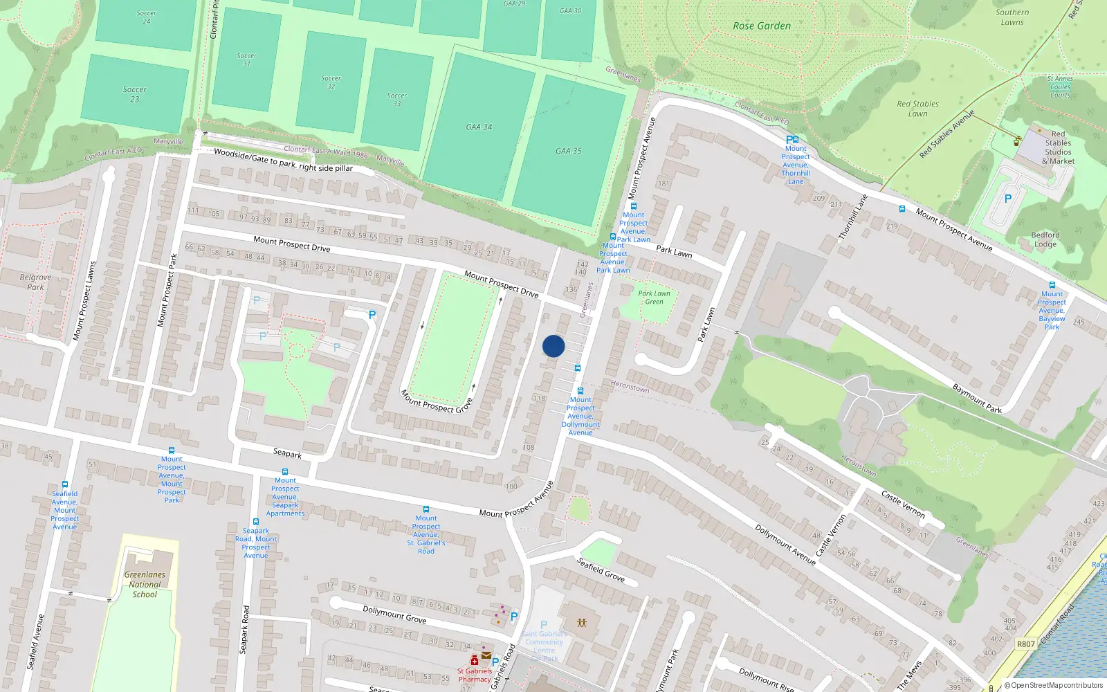 Overhead map showing the location of 128 Mount Prospect Avenue, Clontarf, Dublin 3