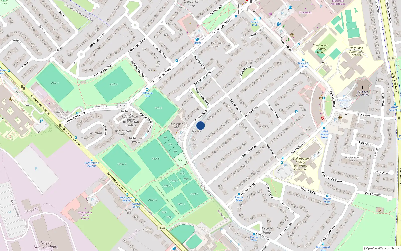 Overhead map showing the location of 128 Pearse Park, Sallynoggin, Dublin