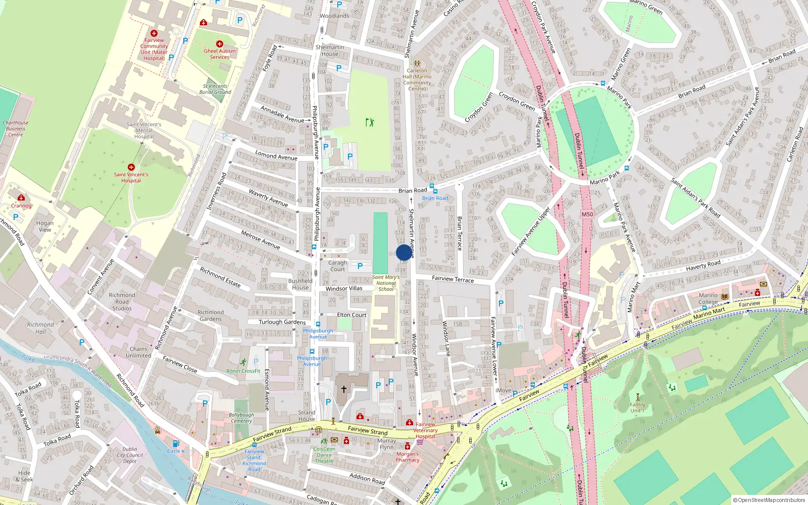 Overhead map showing the location of 128 Shelmartin Avenue, Dublin 3