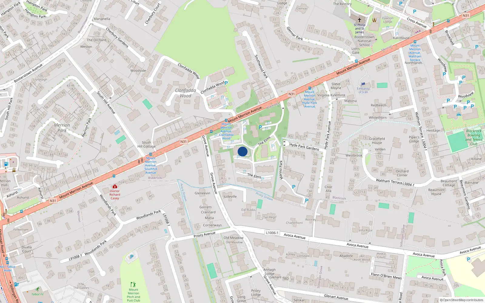 Overhead map showing the location of 128 the Elms, Mount Merrion Avenue, Blackrock