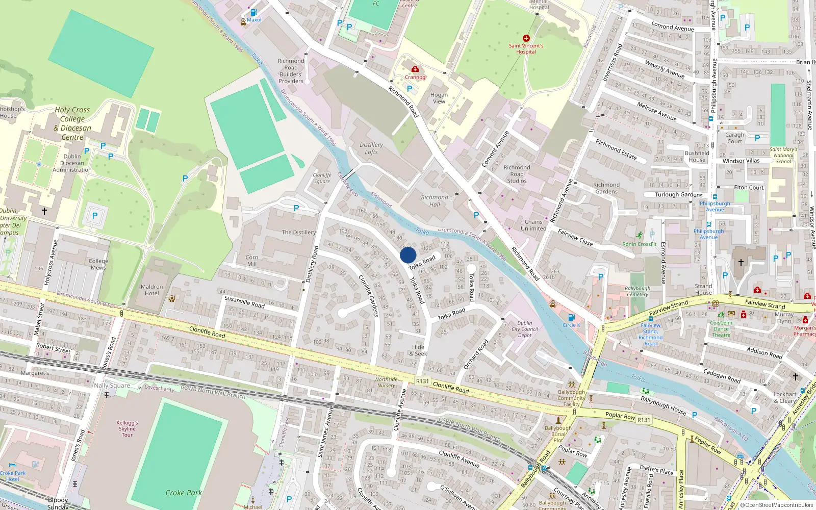 Overhead map showing the location of 128 Tolka Road, Dublin 3, Dublin