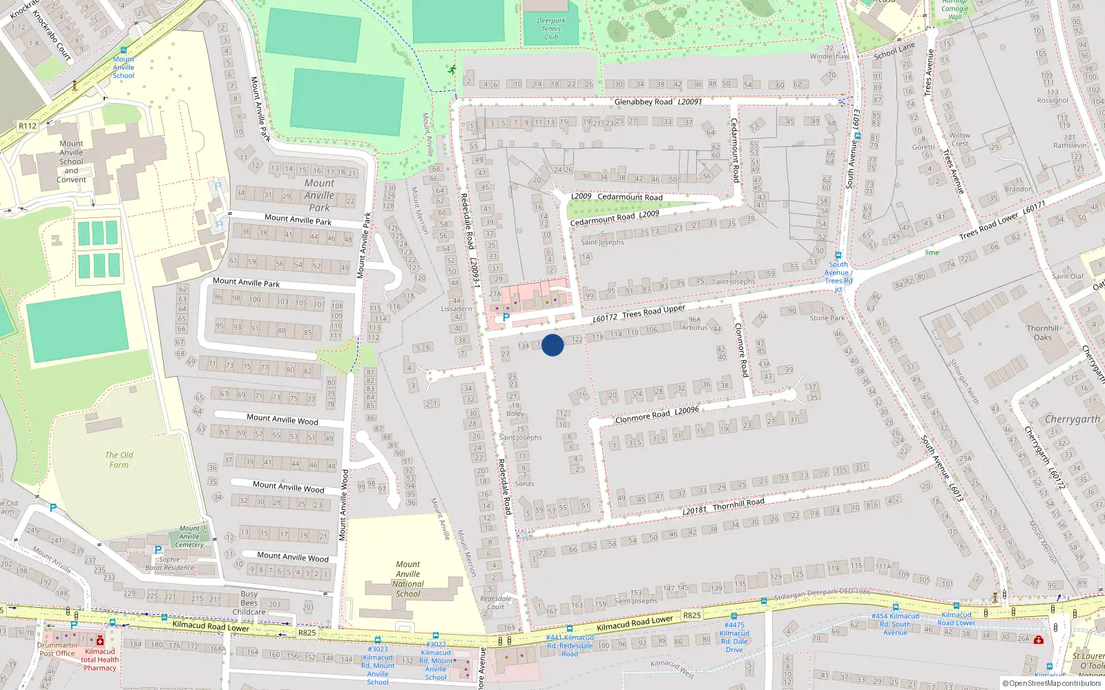Overhead map showing the location of 128 Trees Road Upper, Mount Merrion, Blackrock