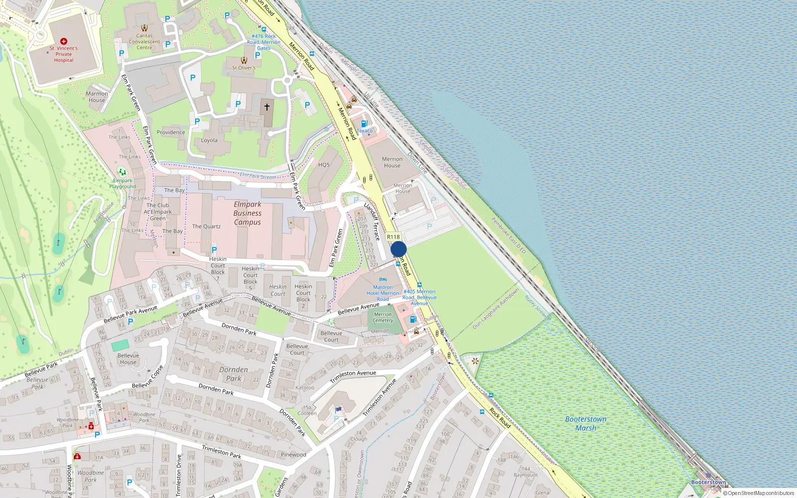 Overhead map showing the location of 128B Merrion Road, Merrion