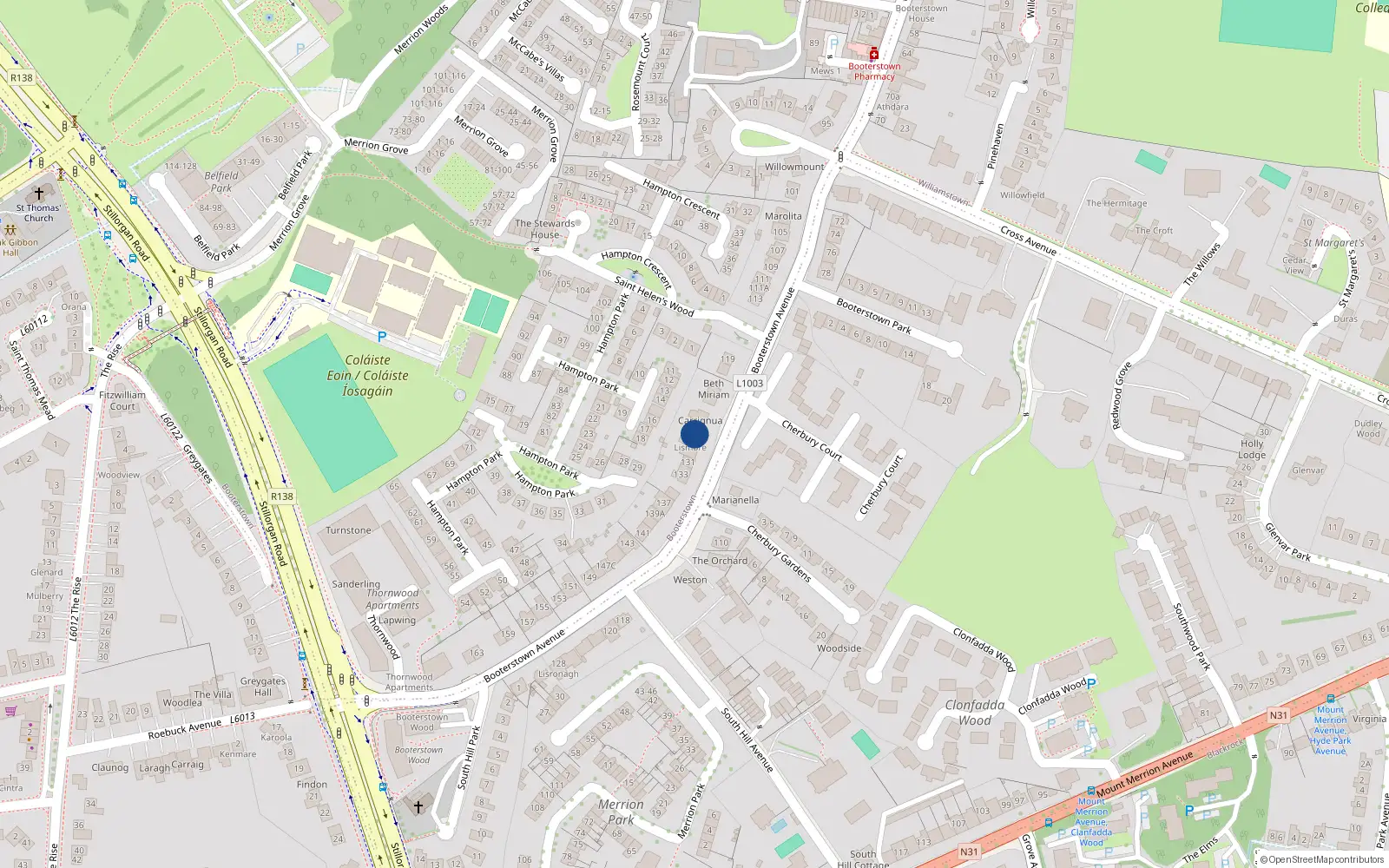 Overhead map showing the location of 129 Booterstown Avenue, Blackrock, Dublin