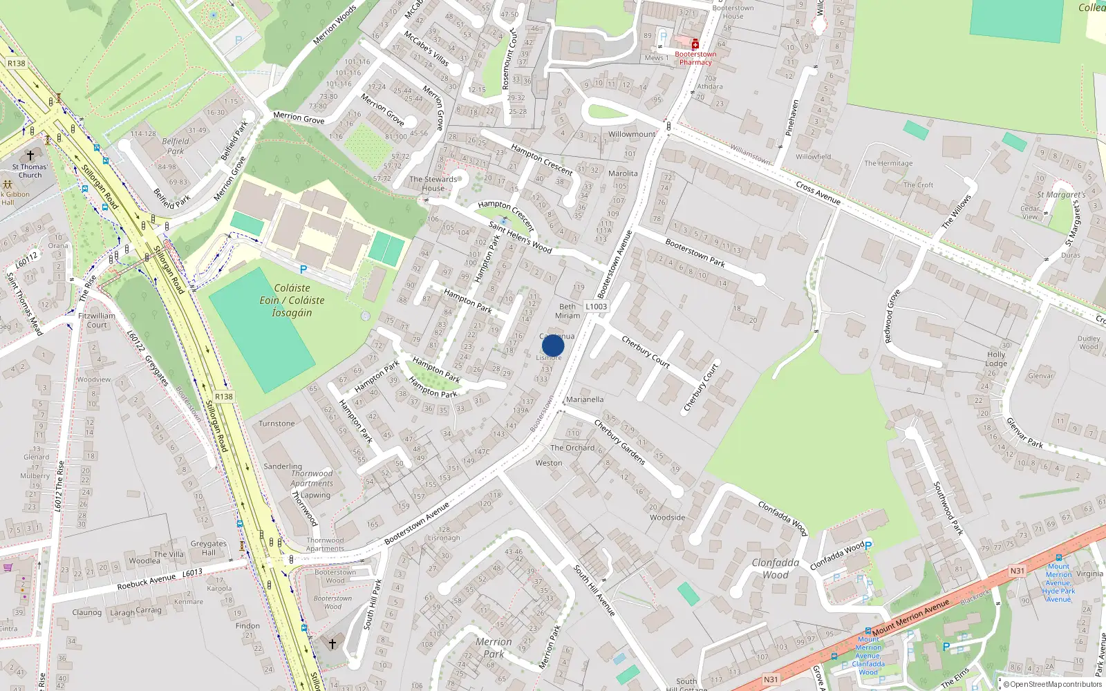 Overhead map showing the location of 129 Booterstown Avenue, Booterstown