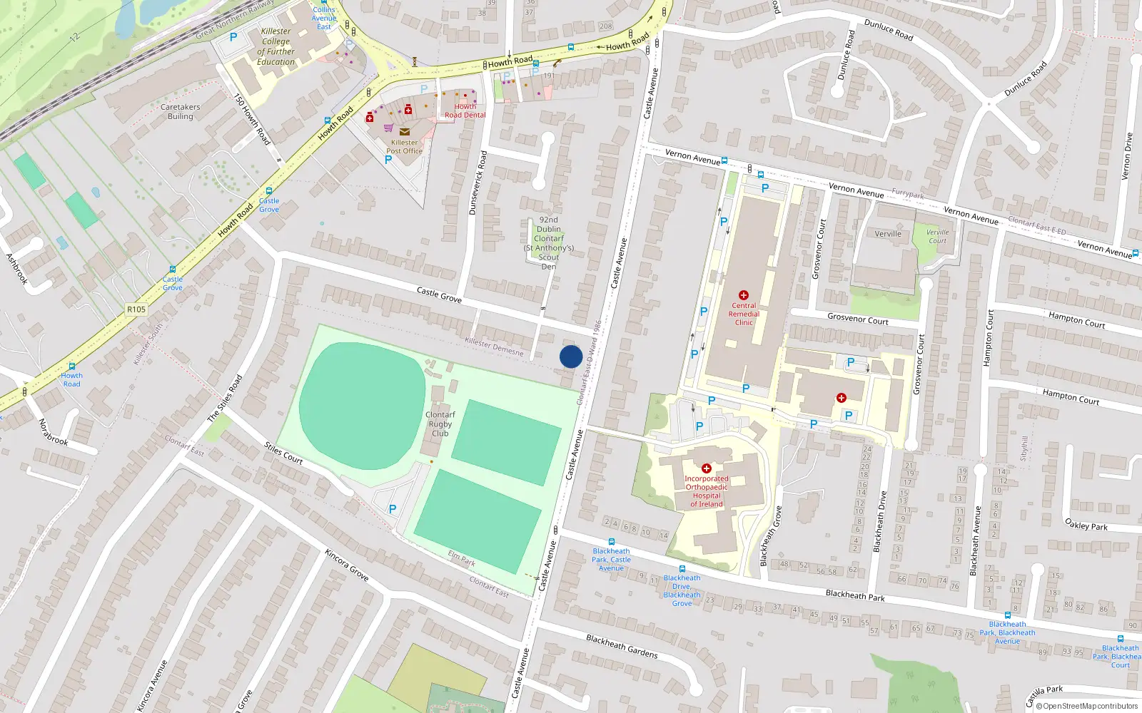 Overhead map showing the location of 129 Castle Avenue, Dublin 3