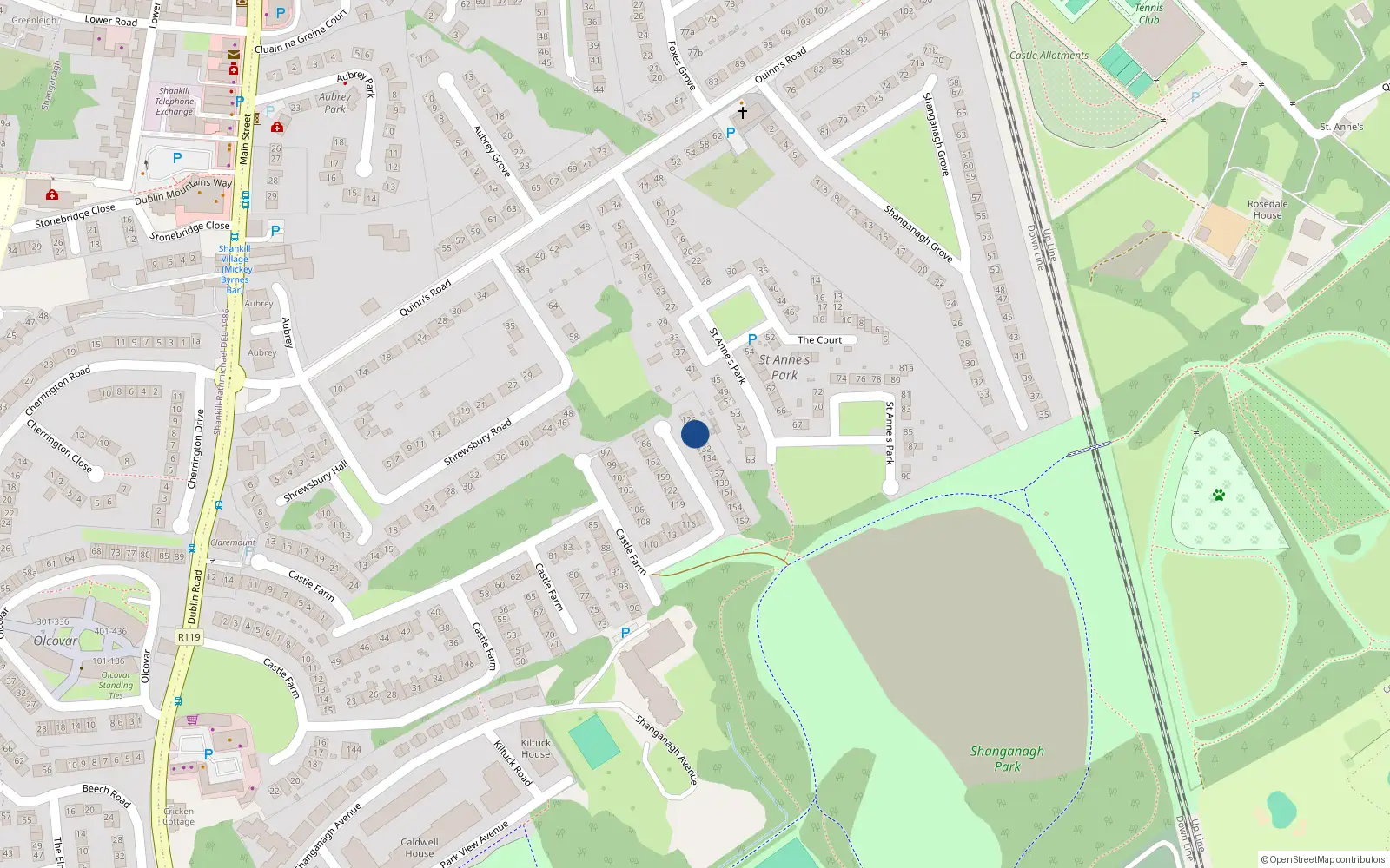 Overhead map showing the location of 129 Castle Farm, Dublin 18