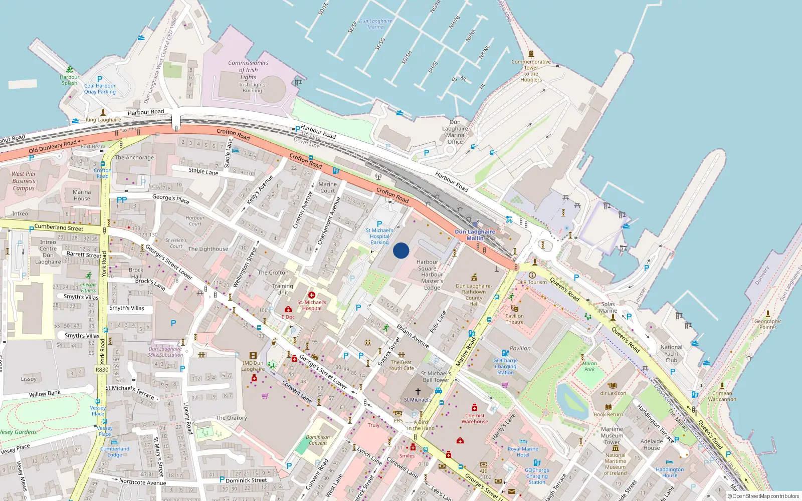 Overhead map showing the location of 129 Harbour View, Crofton Road, Dun Laoghaire