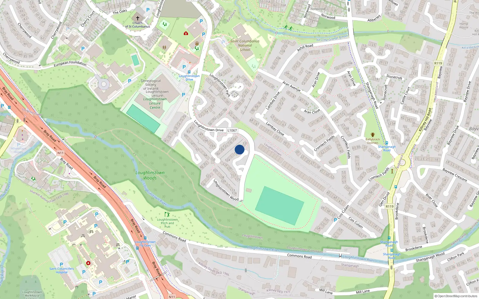Overhead map showing the location of 129 Loughlinstown Wood, Loughlinstown, Dublin