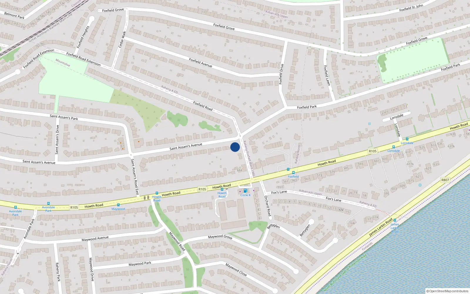 Overhead map showing the location of 129 St Assams Avenue, Raheny, Dublin 5