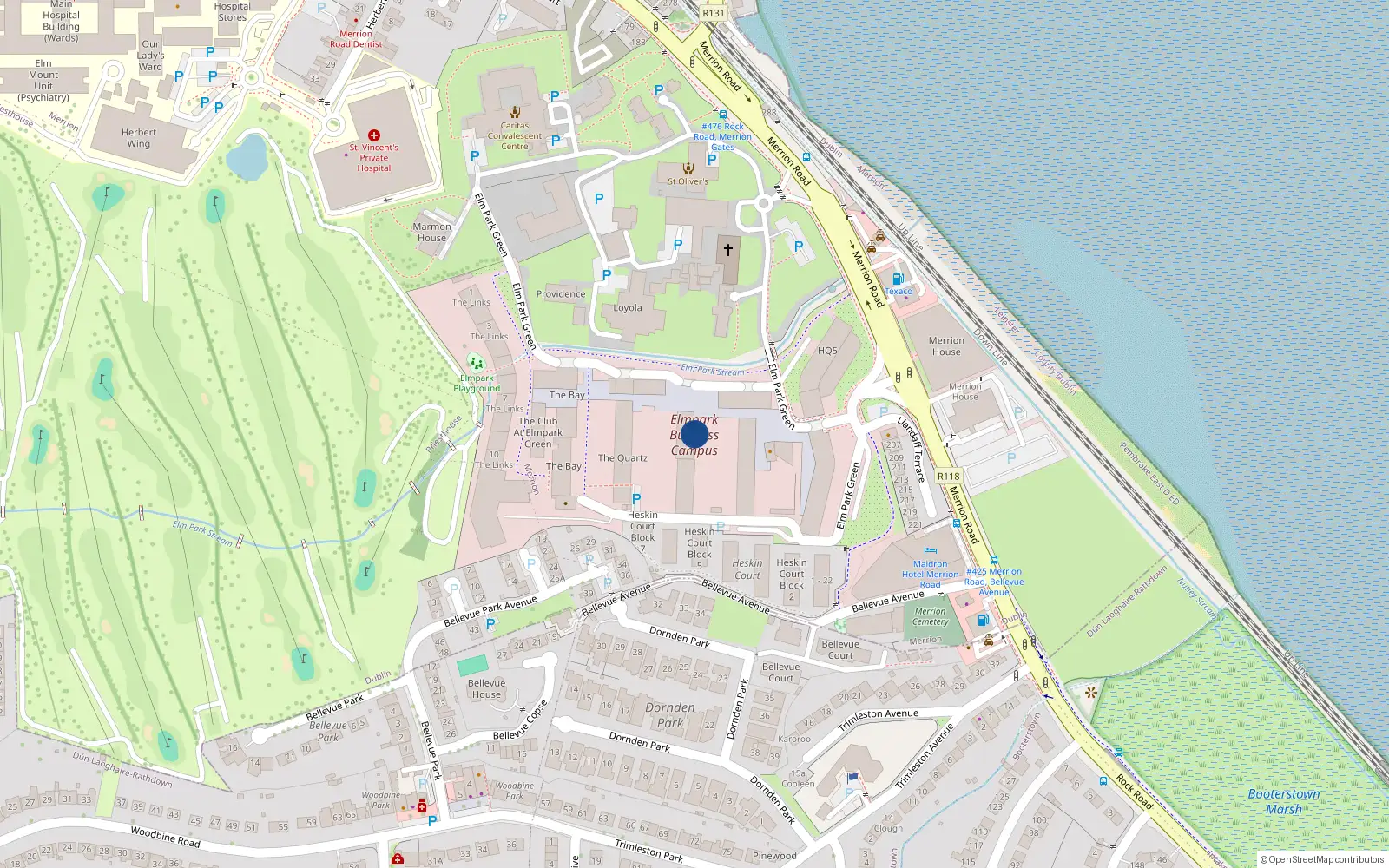 Overhead map showing the location of 129 the Links, Elmpark, Merrion Road Dublin 4
