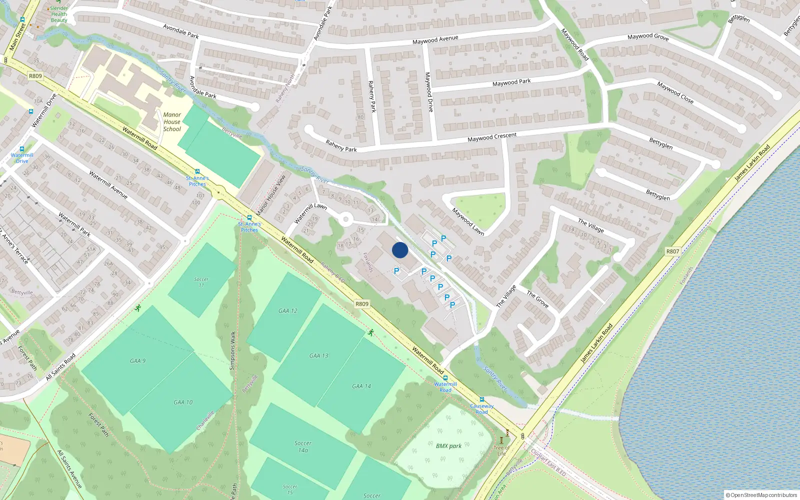 Overhead map showing the location of 129 the Watermill, Watermill Road, Raheny
