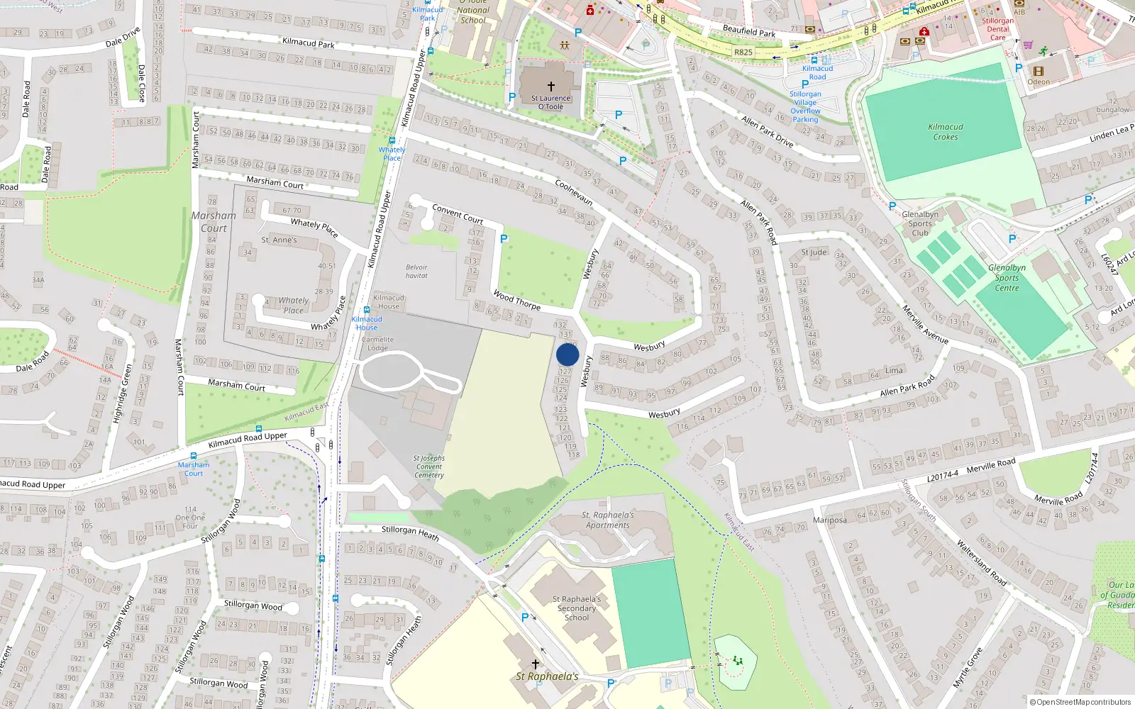 Overhead map showing the location of 129 Wesbury, Stillorgan, Dublin