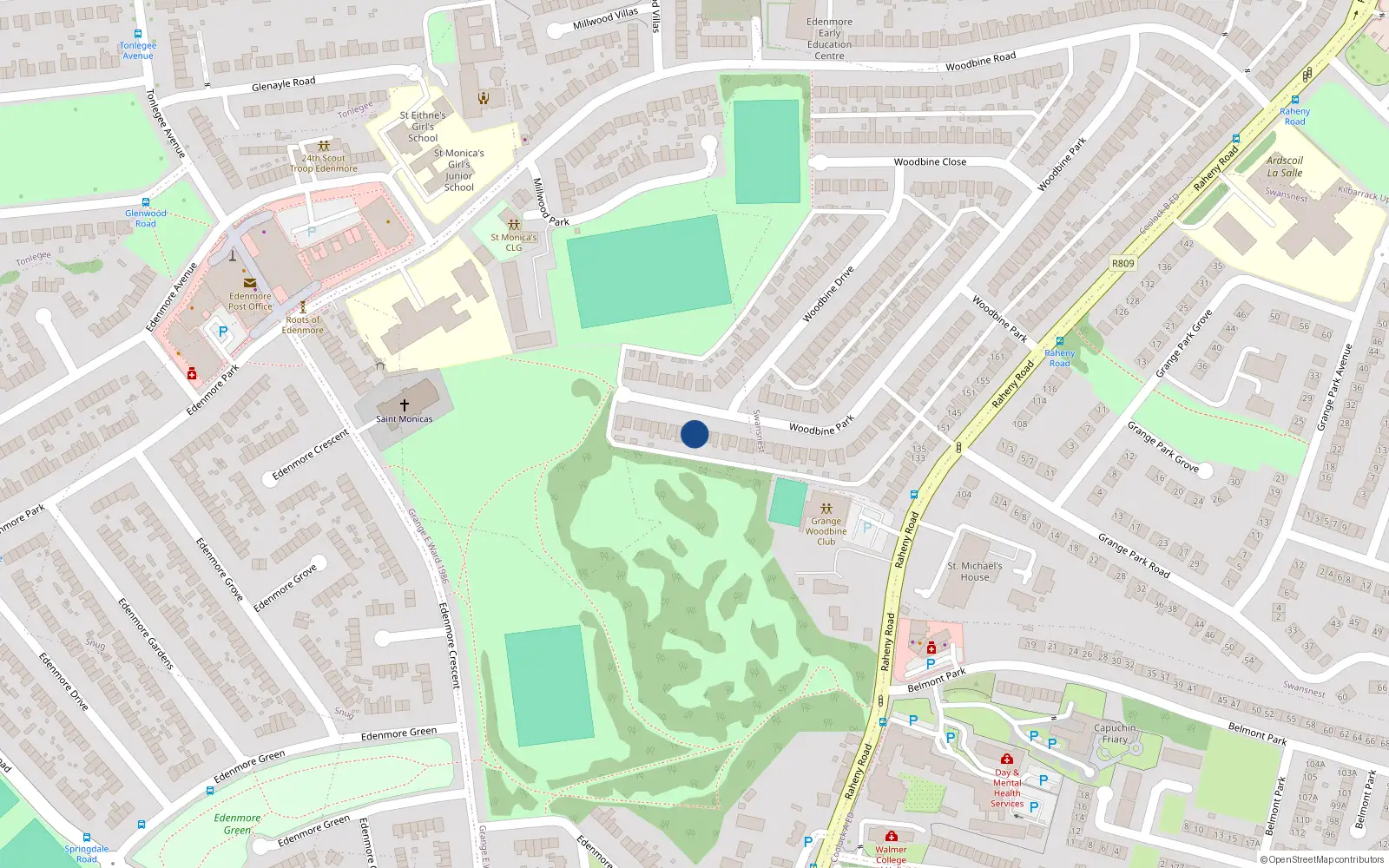 Overhead map showing the location of 129 Woodbine Park, Raheny, Dublin 5
