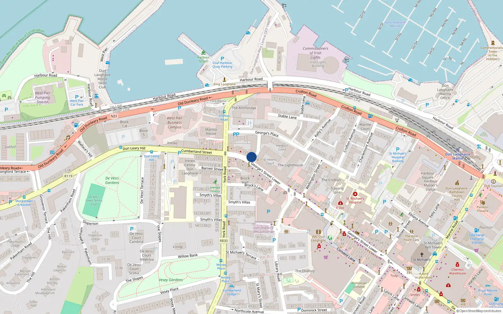 Overhead map showing the location of 130 George's Street Lower, Dún Laoghaire